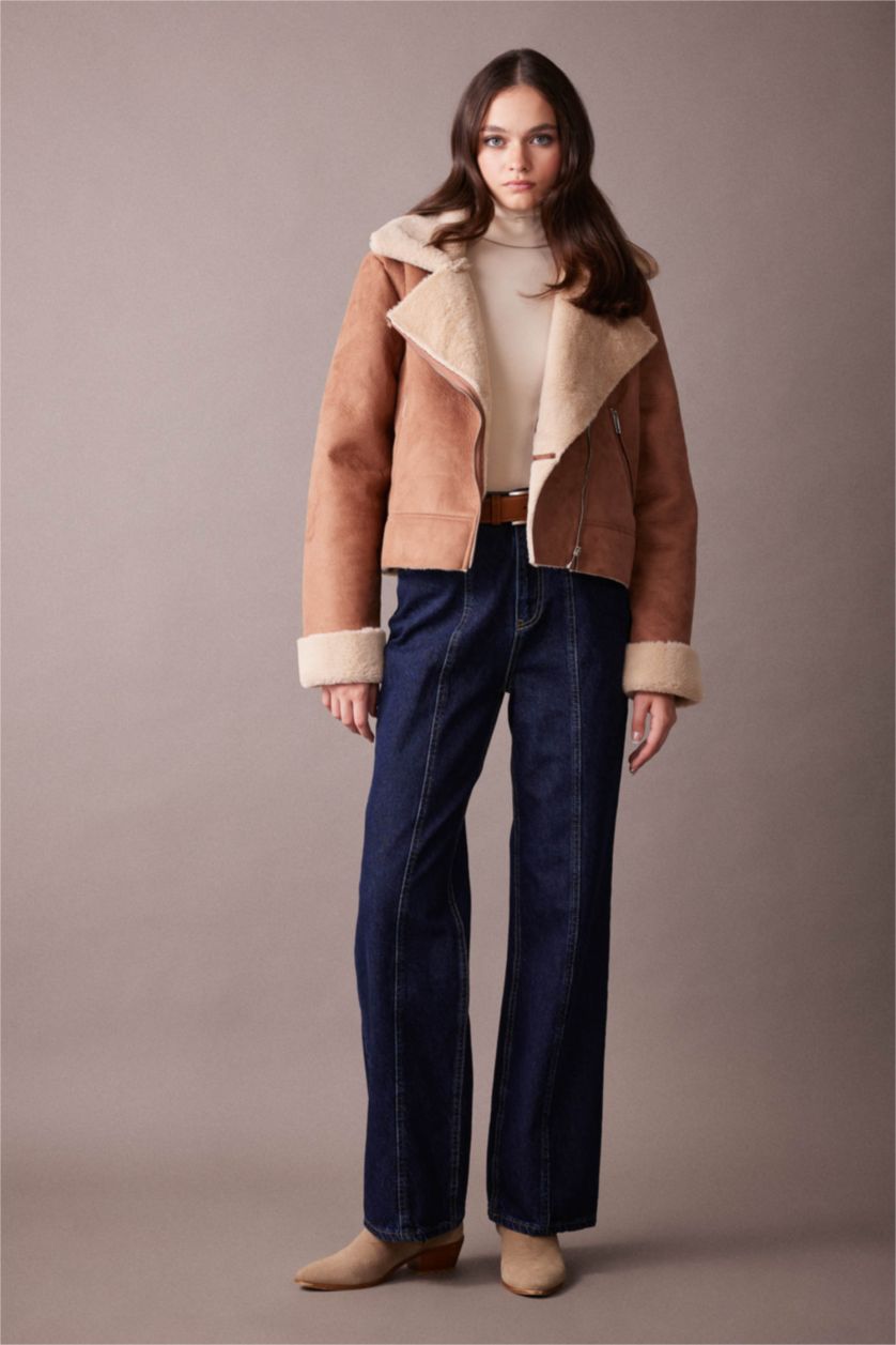 حريمي بني جاكيت شمواه جلد صناعي قصة مريحة بفرو صناعي وتر برووف