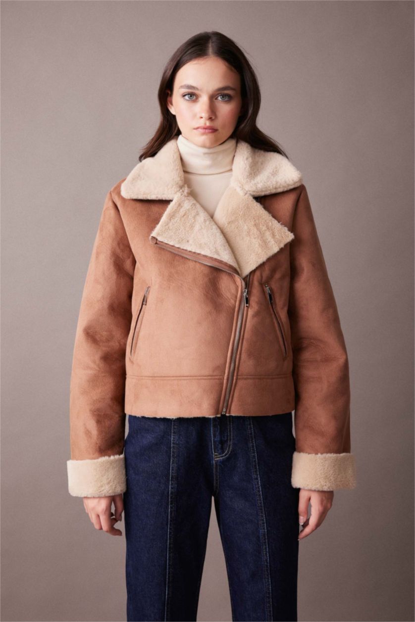 حريمي بني جاكيت شمواه جلد صناعي قصة مريحة بفرو صناعي وتر برووف