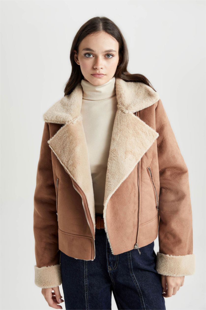 حريمي بني جاكيت شمواه جلد صناعي قصة مريحة بفرو صناعي وتر برووف