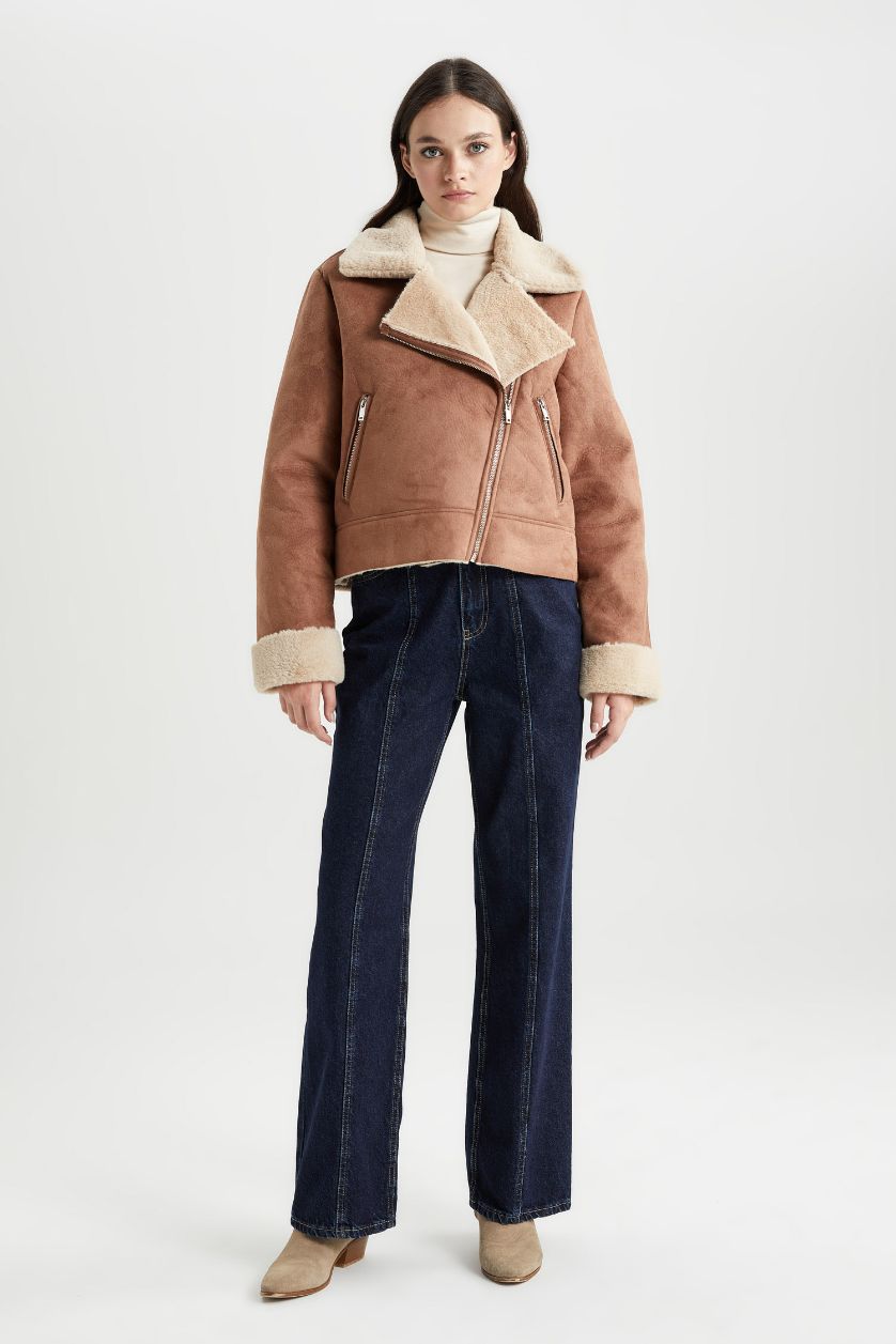 حريمي بني جاكيت شمواه جلد صناعي قصة مريحة بفرو صناعي وتر برووف