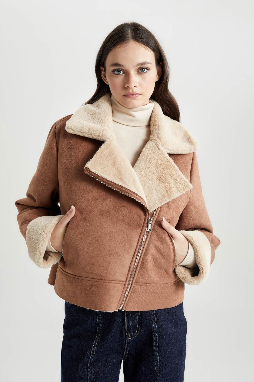 حريمي بني جاكيت شمواه جلد صناعي قصة مريحة بفرو صناعي وتر برووف