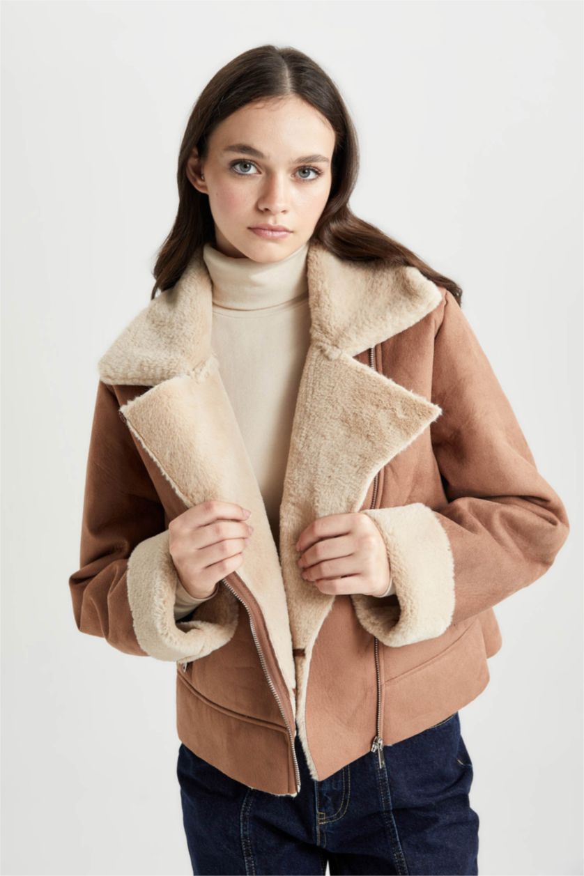 حريمي بني جاكيت شمواه جلد صناعي قصة مريحة بفرو صناعي وتر برووف