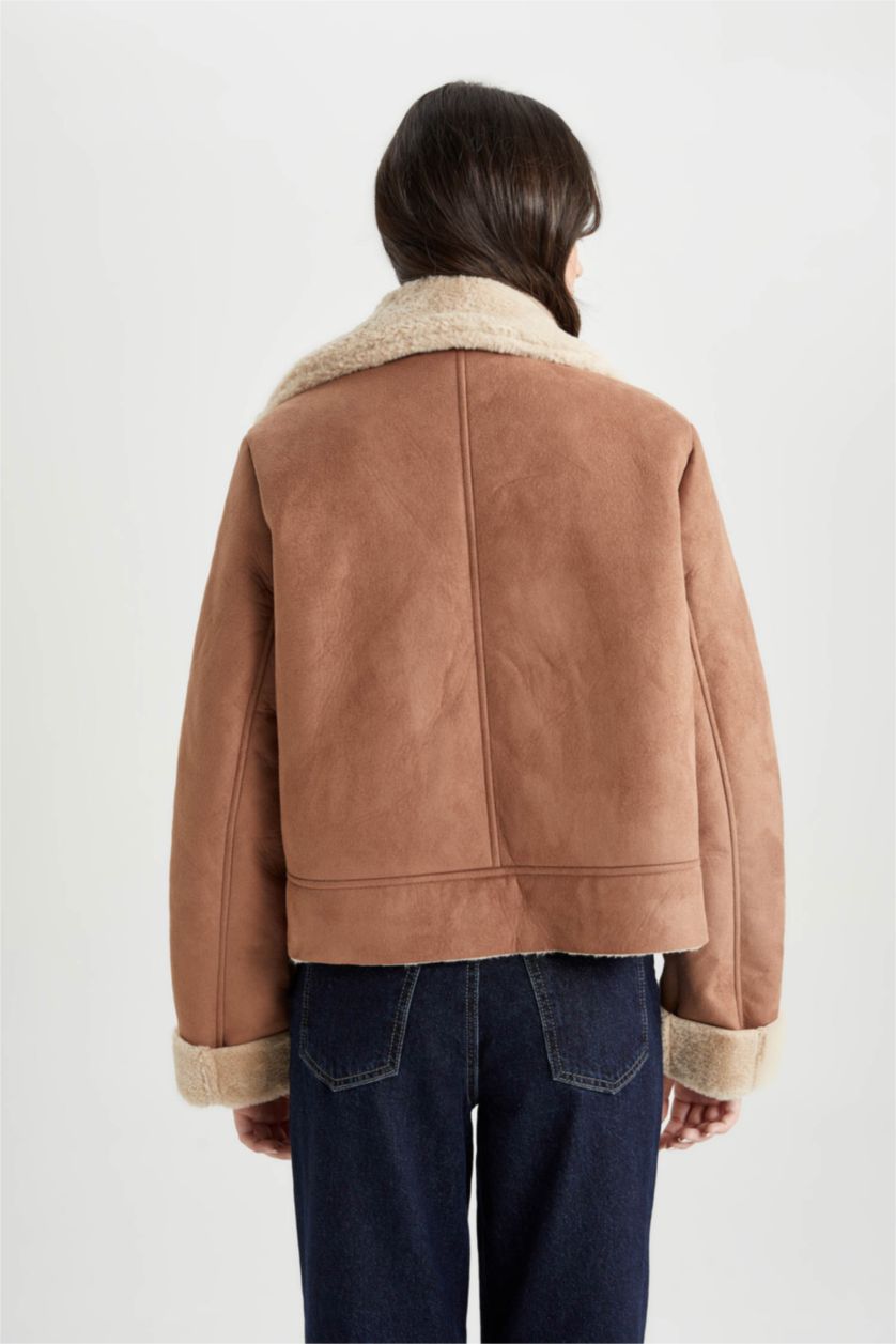 حريمي بني جاكيت شمواه جلد صناعي قصة مريحة بفرو صناعي وتر برووف