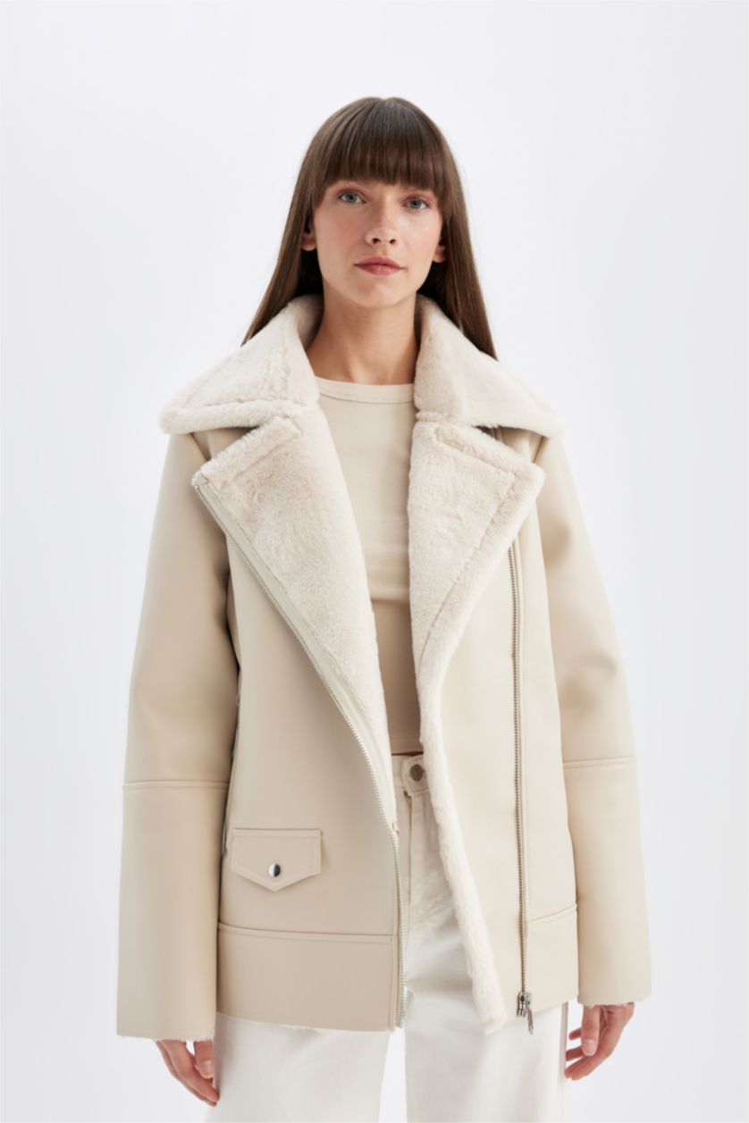 نساء اللون الرملي جاكيت شمواه جلد صناعي واسع مبطن بفرو إصطناعي وتر برووف