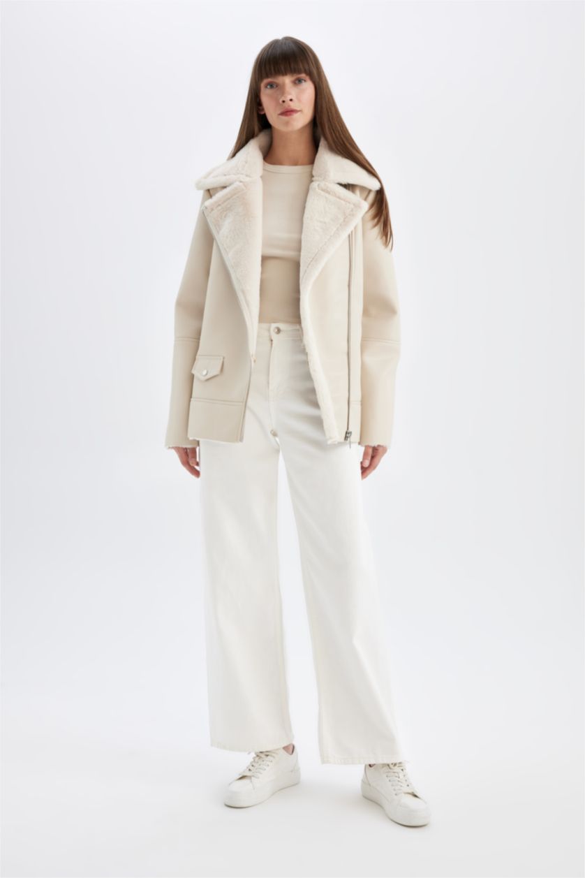 نساء اللون الرملي جاكيت شمواه جلد صناعي واسع مبطن بفرو إصطناعي وتر برووف