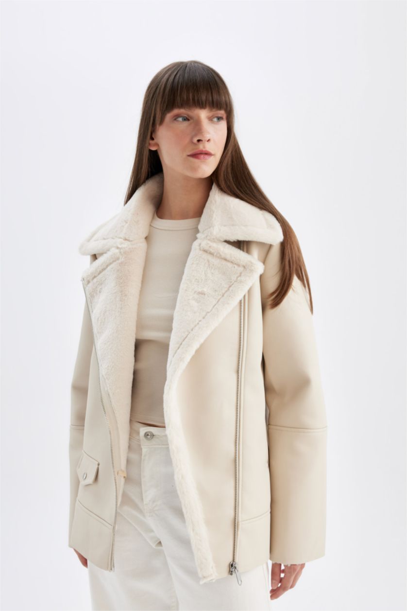 نساء اللون الرملي جاكيت شمواه جلد صناعي واسع مبطن بفرو إصطناعي وتر برووف