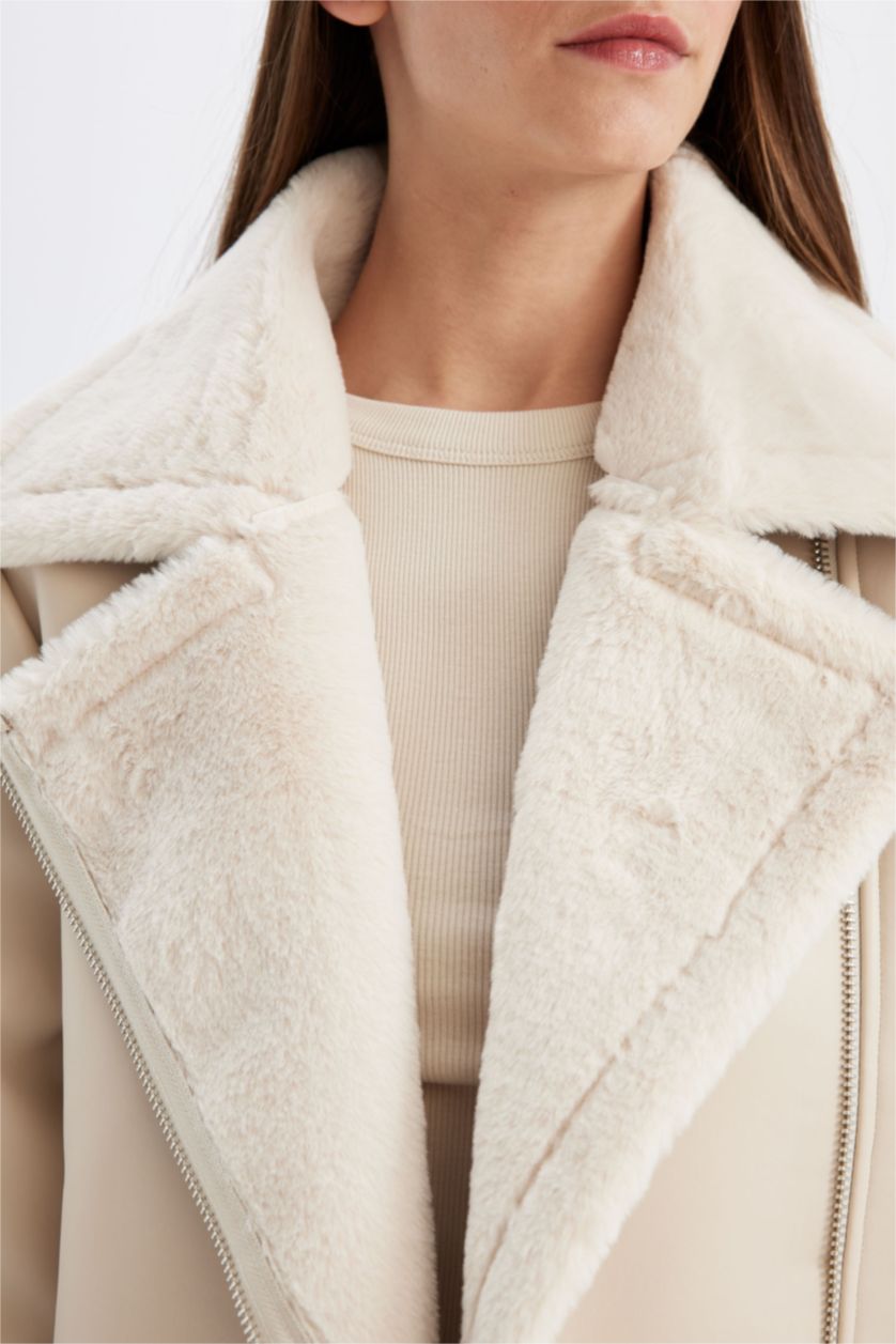 نساء اللون الرملي جاكيت شمواه جلد صناعي واسع مبطن بفرو إصطناعي وتر برووف