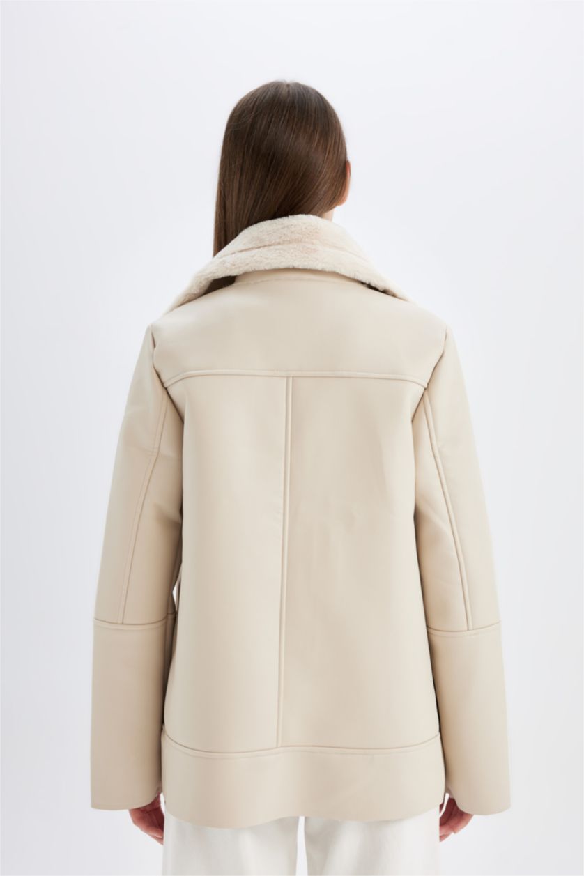 نساء اللون الرملي جاكيت شمواه جلد صناعي واسع مبطن بفرو إصطناعي وتر برووف