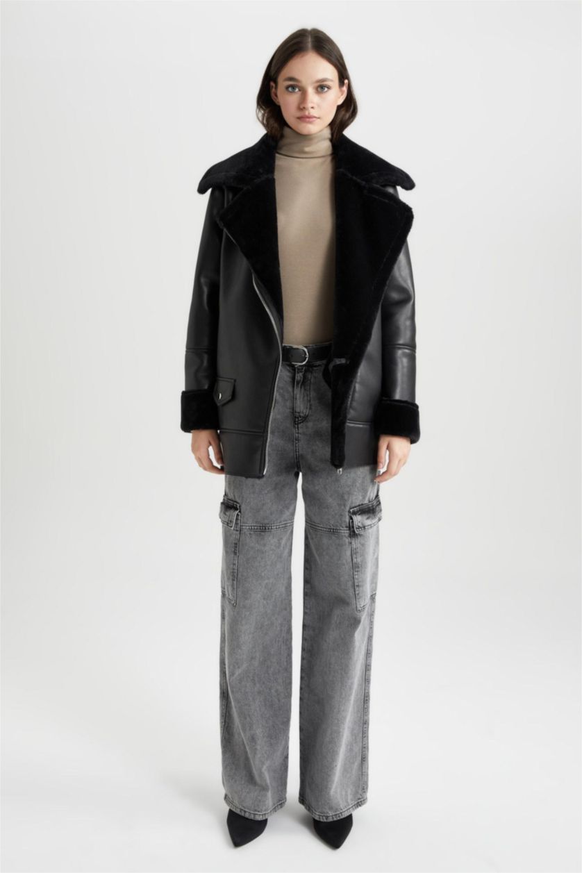 Женщины Черный Кожаная куртка оверсайз водоотталкивающая