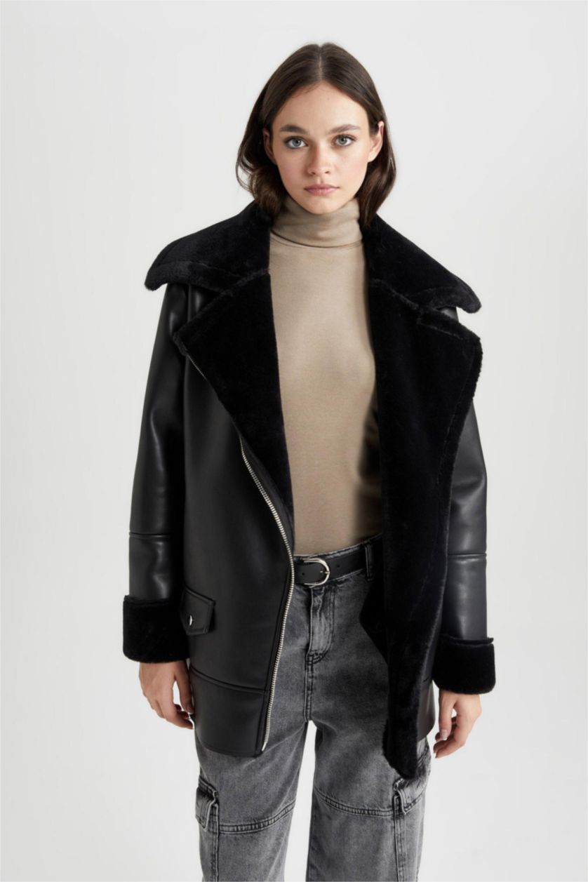 Женщины Черный Кожаная куртка оверсайз водоотталкивающая