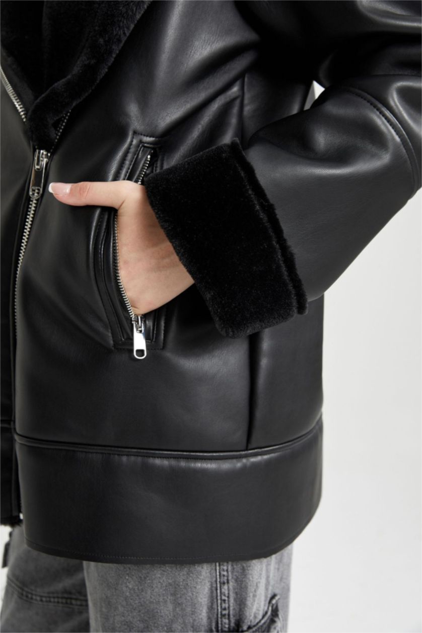 Женщины Черный Кожаная куртка оверсайз водоотталкивающая