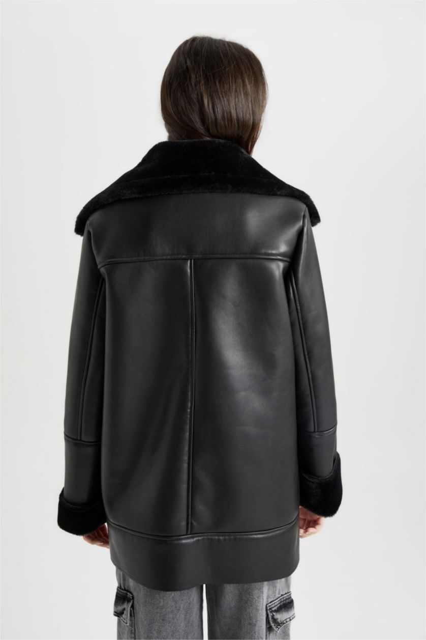 Женщины Черный Кожаная куртка оверсайз водоотталкивающая