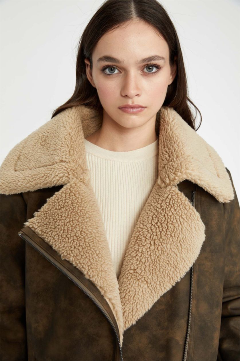 نساء بني قمصلة جلد صناعي قصة مريحة بفرو صناعي مبطن مقاوم للماء