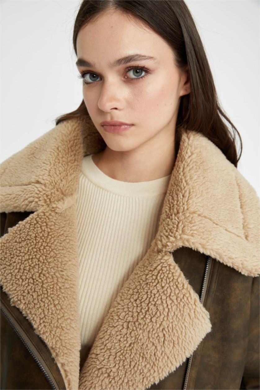 نساء بني قمصلة جلد صناعي قصة مريحة بفرو صناعي مبطن مقاوم للماء