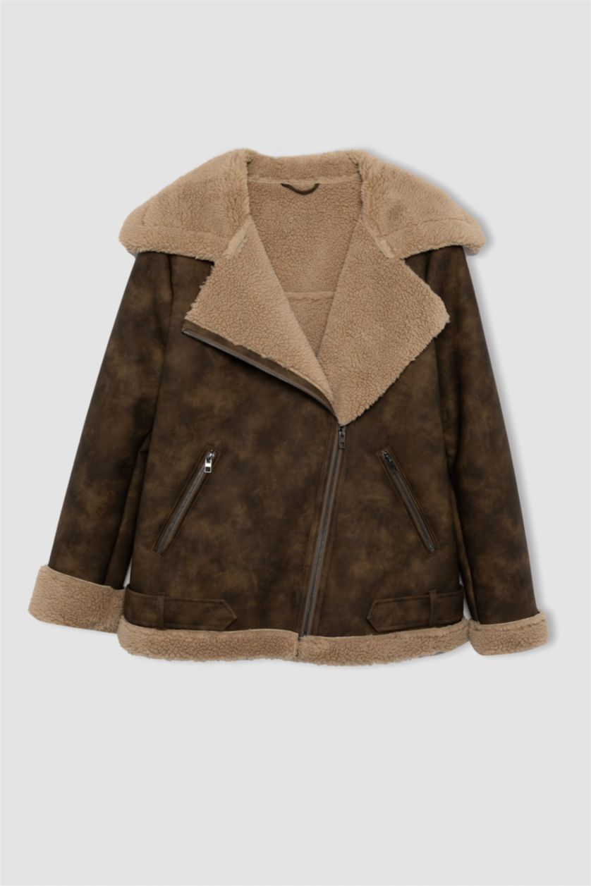 نساء بني قمصلة جلد صناعي قصة مريحة بفرو صناعي مبطن مقاوم للماء