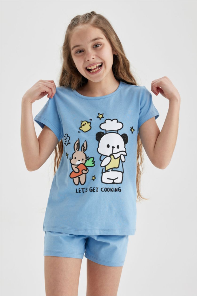 GIRLS & TEENS Blue Girl Printed Short Sleeved Shorts Pajamas Set