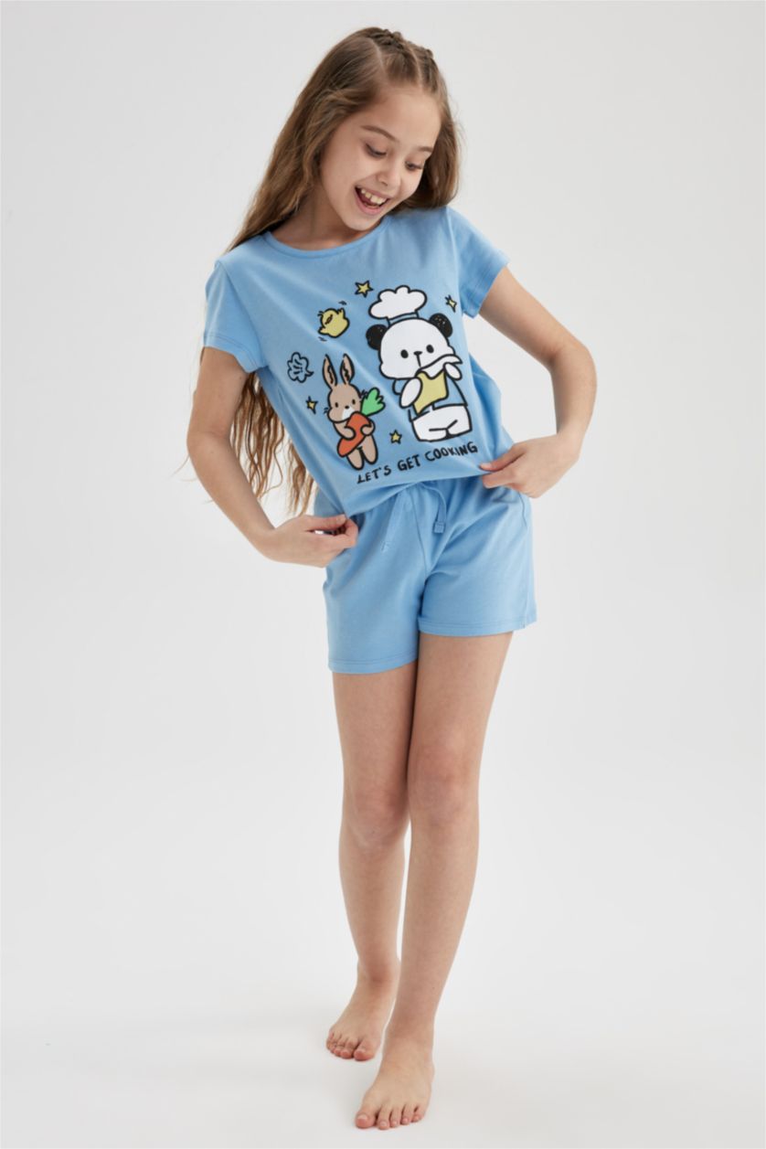 GIRLS & TEENS Blue Girl Printed Short Sleeved Shorts Pajamas Set