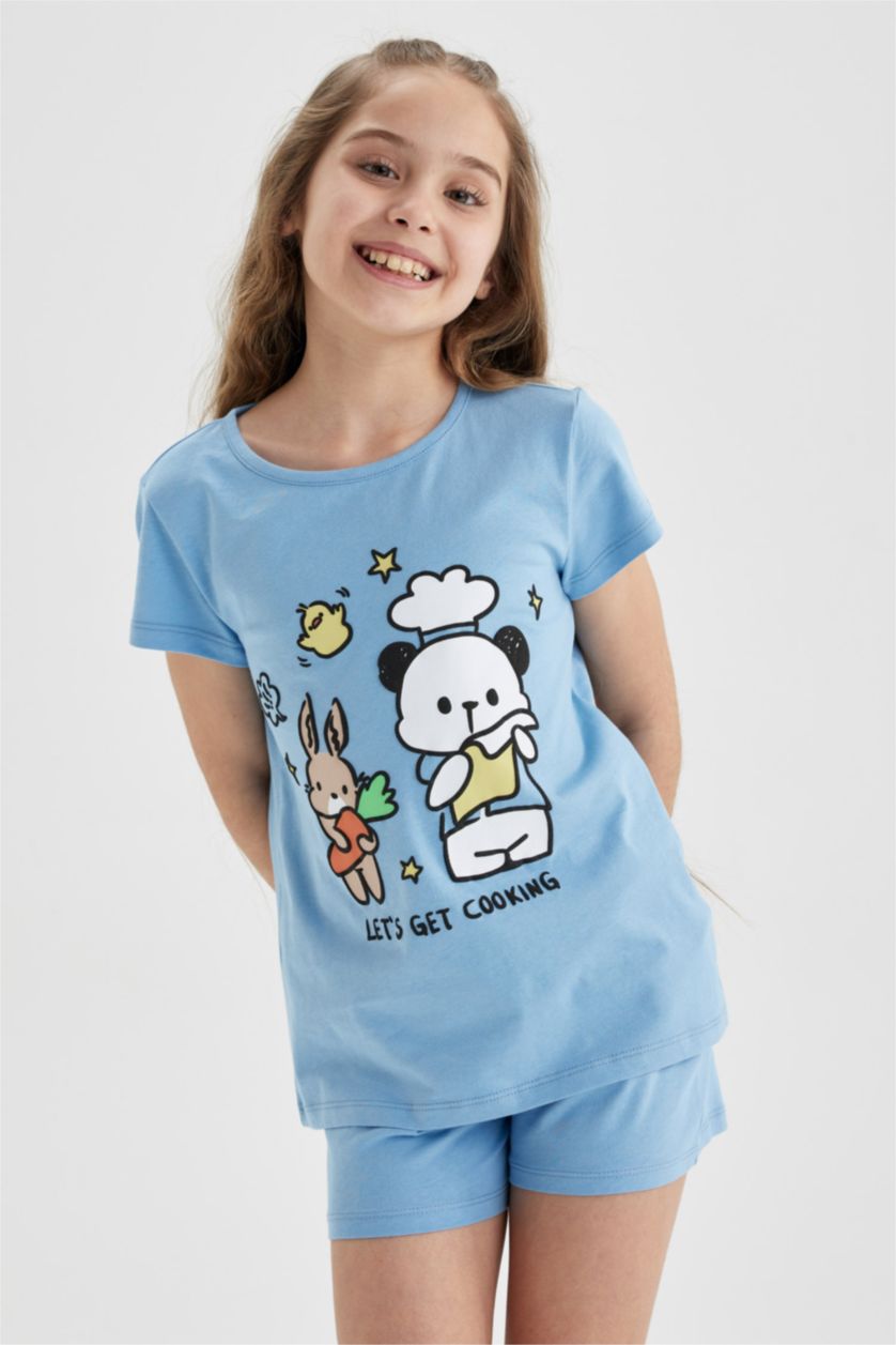 GIRLS & TEENS Blue Girl Printed Short Sleeved Shorts Pajamas Set