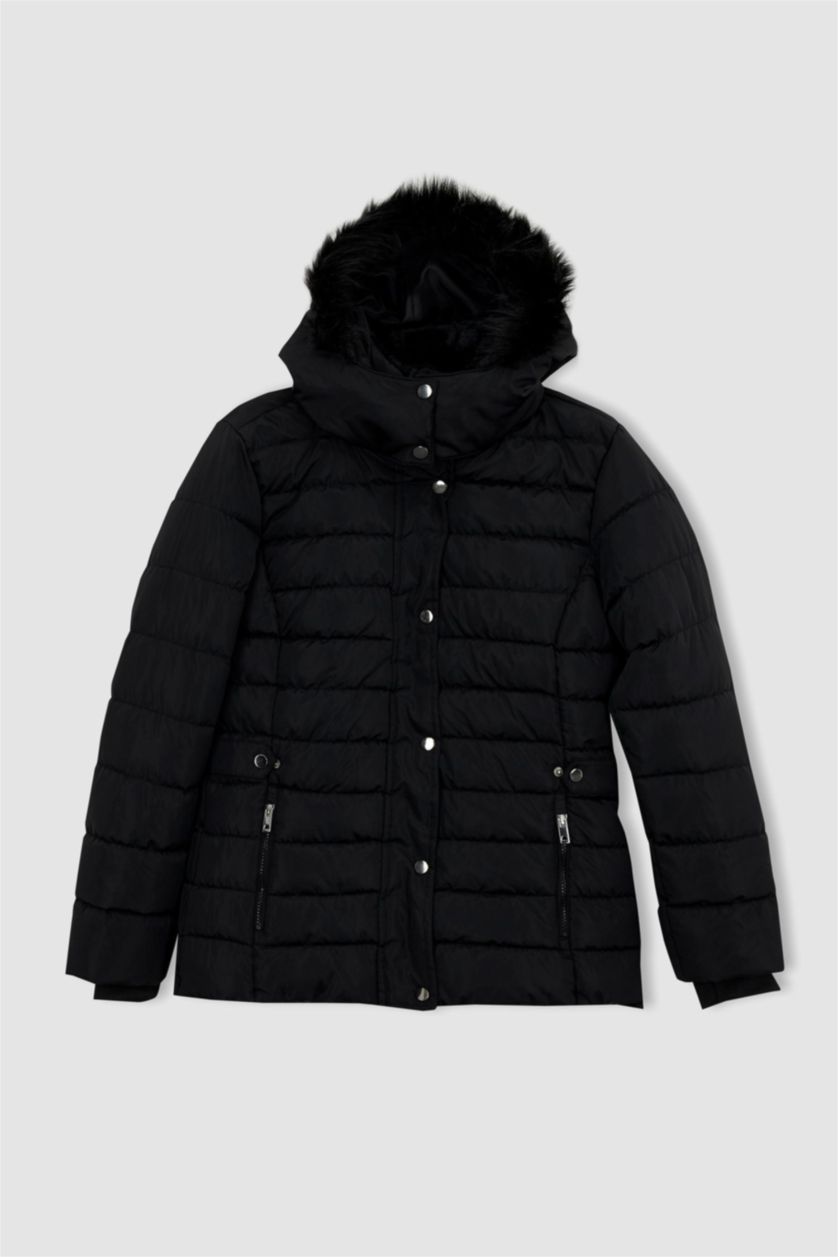 Kadın Siyah Su İtici Kapüşonlu Suni Kürklü Mont