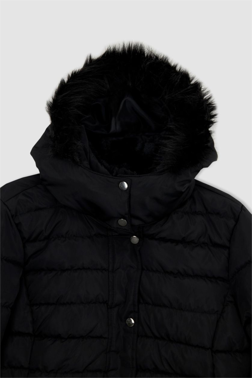 Kadın Siyah Su İtici Kapüşonlu Suni Kürklü Mont
