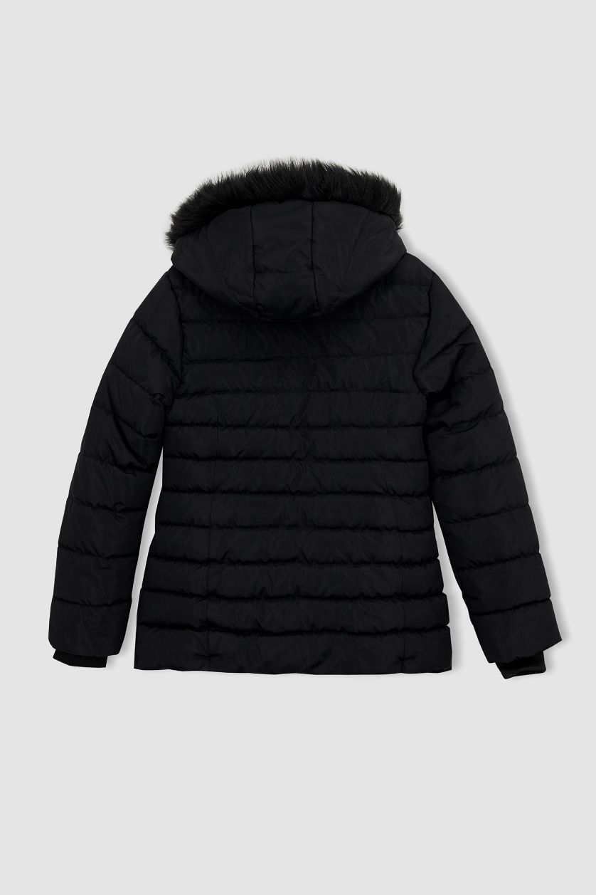 Kadın Siyah Su İtici Kapüşonlu Suni Kürklü Mont