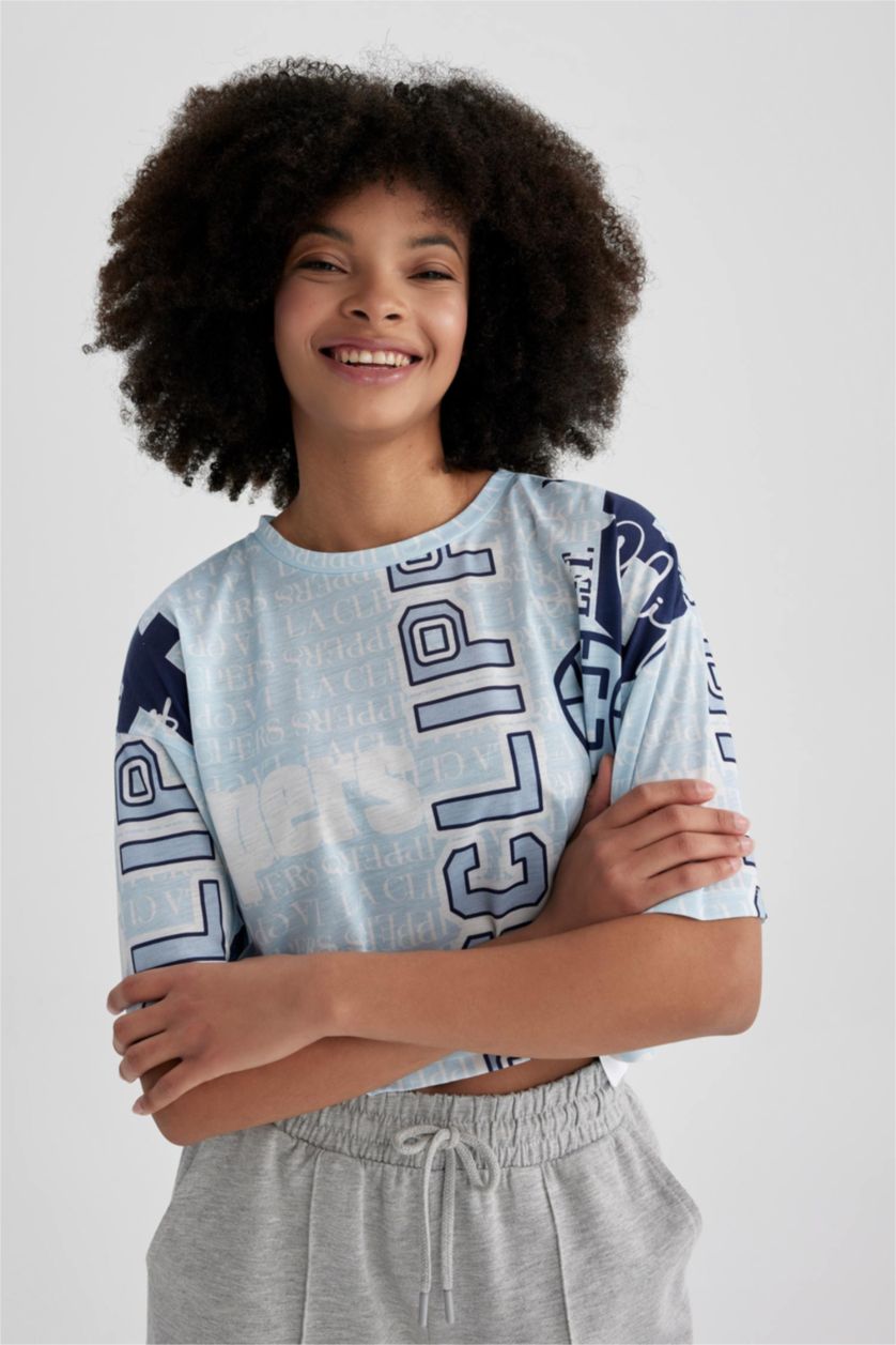 Kadın Ekru DeFactoFit NBA Los Angeles Clippers Oversize Bisiklet Yaka Kısa Kollu Tişört