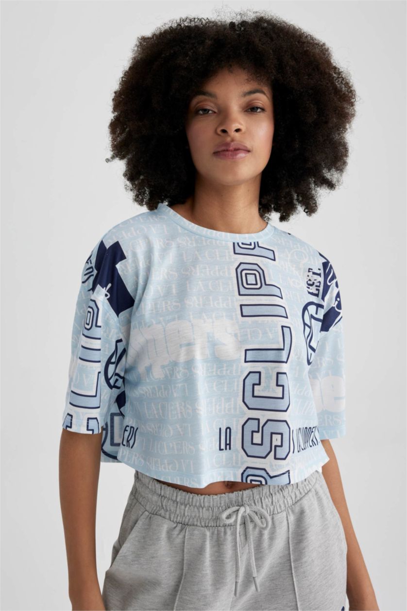 Kadın Ekru DeFactoFit NBA Los Angeles Clippers Oversize Bisiklet Yaka Kısa Kollu Tişört