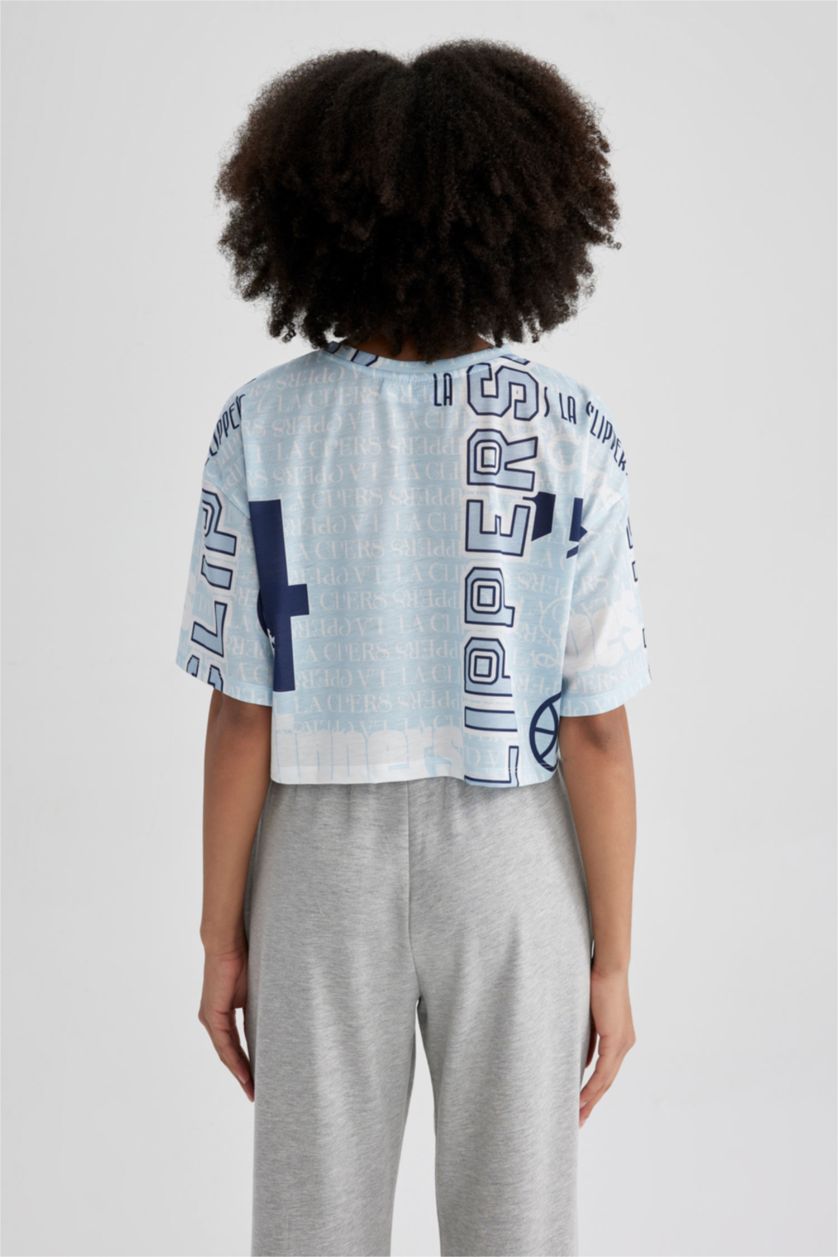 Kadın Ekru DeFactoFit NBA Los Angeles Clippers Oversize Bisiklet Yaka Kısa Kollu Tişört