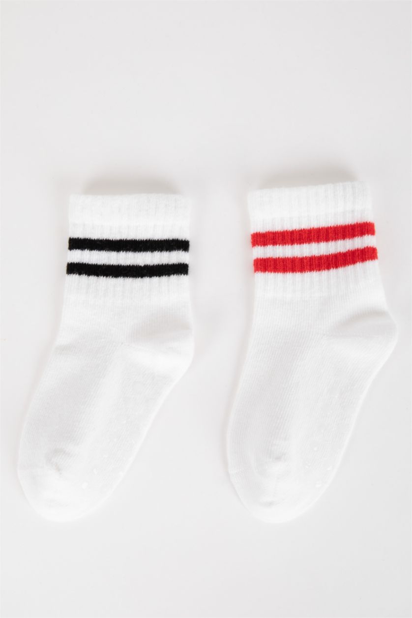 Erkek Bebek Beyaz Kaydırmaz Taban 2'li Pamuklu Uzun Çorap Erkek Bebek