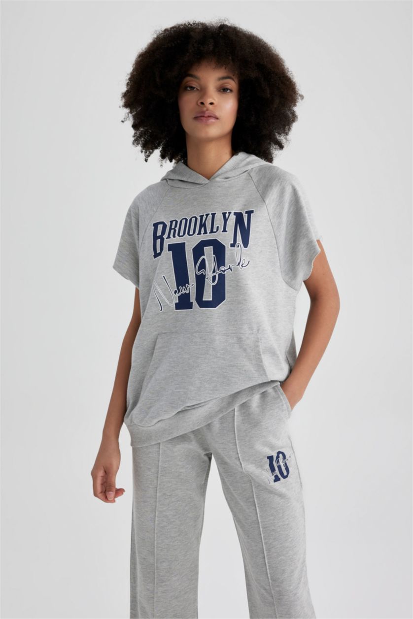 WOMAN Grey Melange DeFactoFit Hooded Printed Sports Short Sleeve T-Shirt