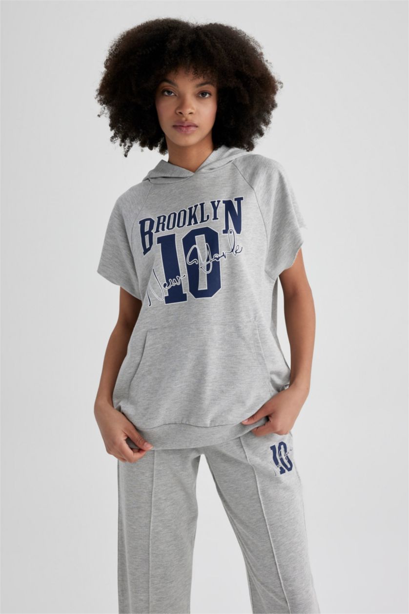 WOMAN Grey Melange DeFactoFit Hooded Printed Sports Short Sleeve T-Shirt