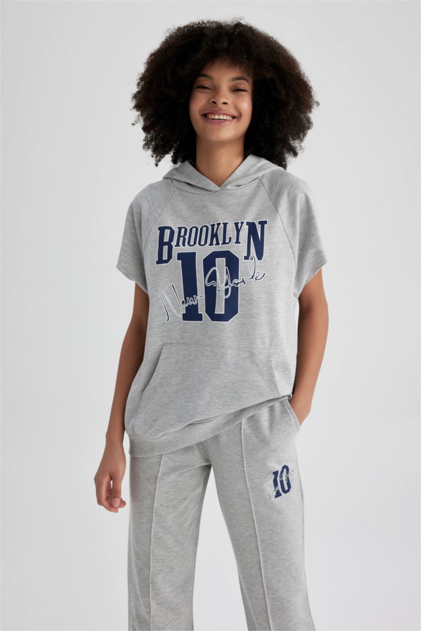 WOMAN Grey Melange DeFactoFit Hooded Printed Sports Short Sleeve T-Shirt