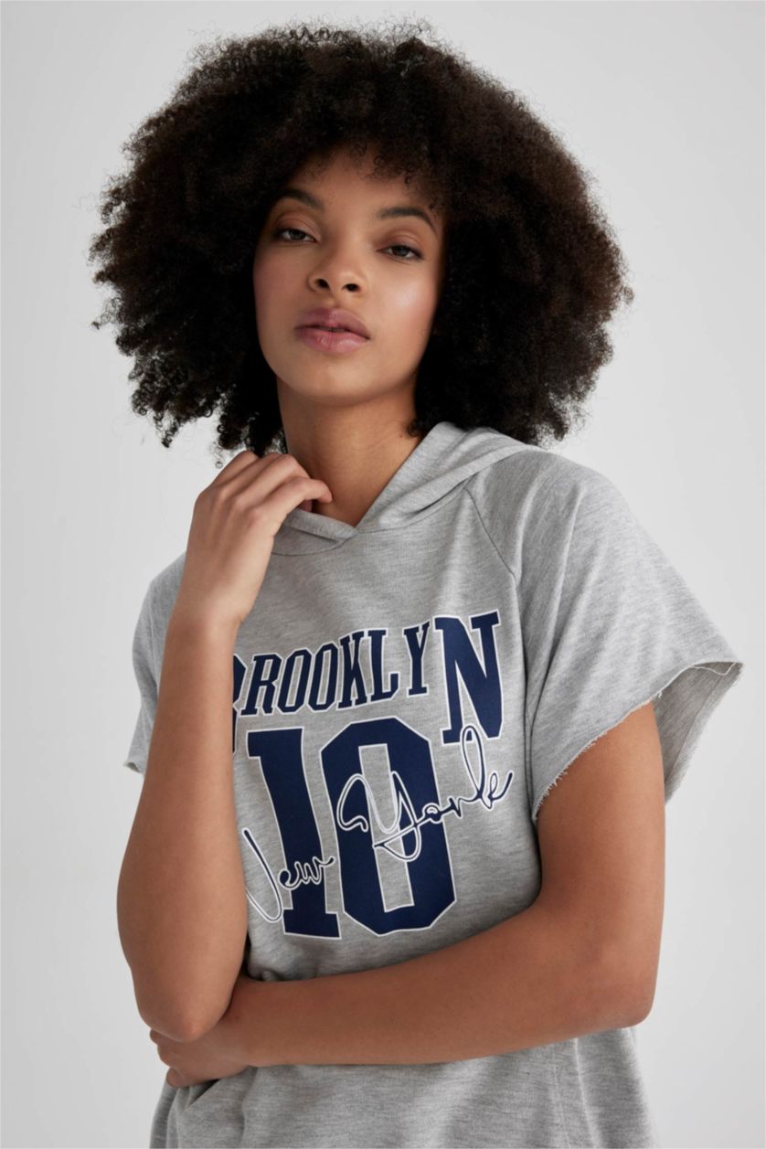 WOMAN Grey Melange DeFactoFit Hooded Printed Sports Short Sleeve T-Shirt