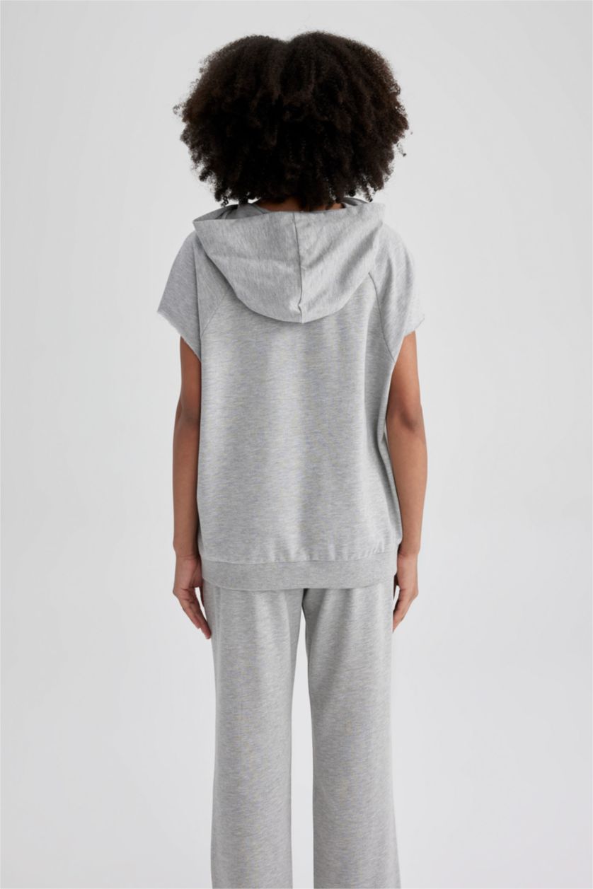 WOMAN Grey Melange DeFactoFit Hooded Printed Sports Short Sleeve T-Shirt