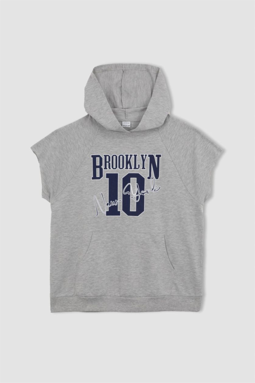 WOMAN Grey Melange DeFactoFit Hooded Printed Sports Short Sleeve T-Shirt