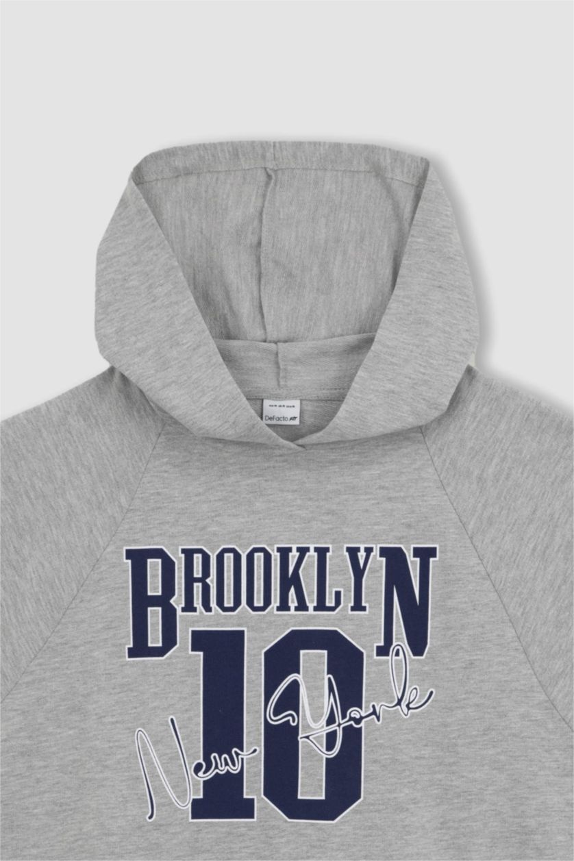 WOMAN Grey Melange DeFactoFit Hooded Printed Sports Short Sleeve T-Shirt