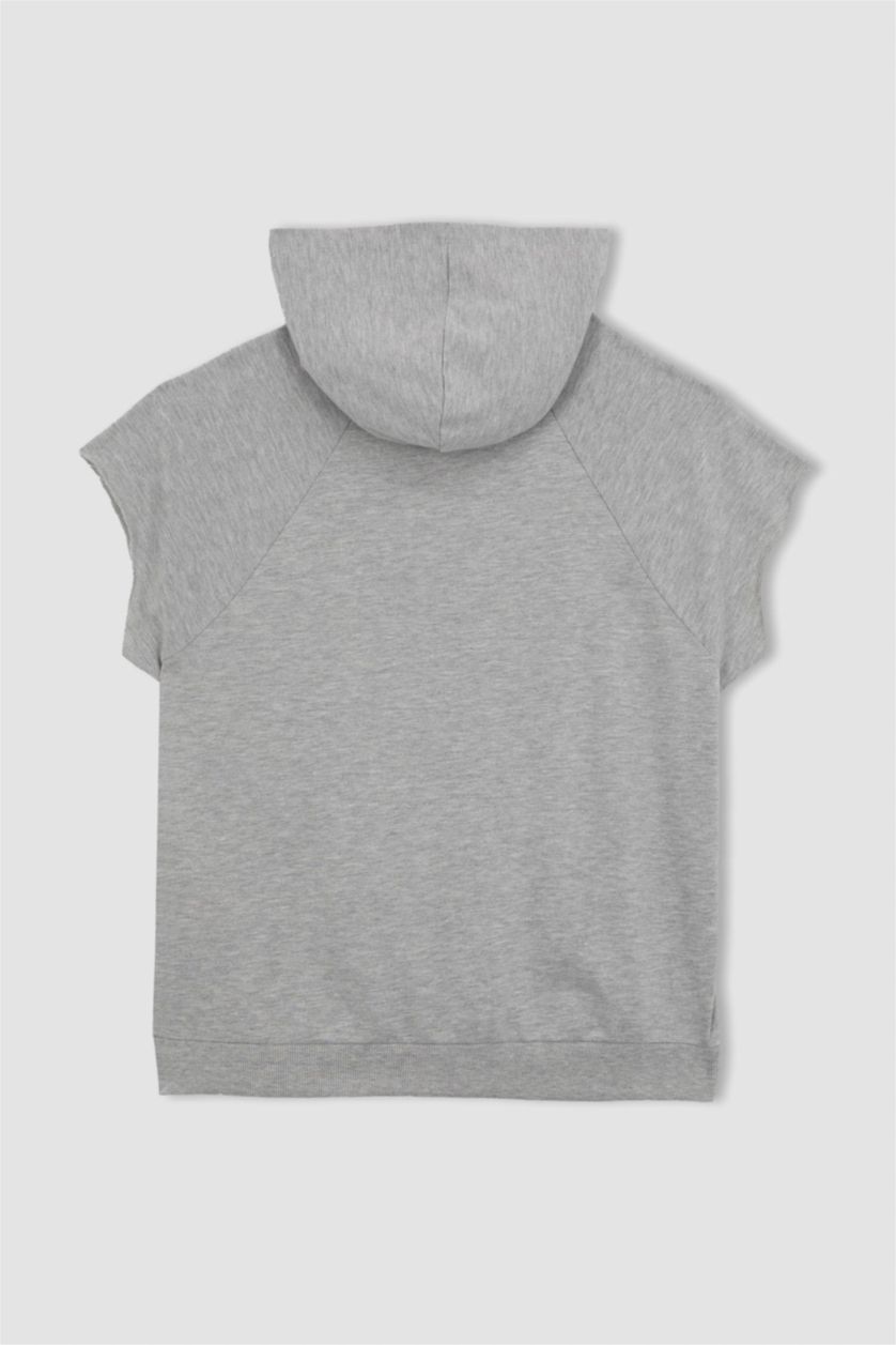 WOMAN Grey Melange DeFactoFit Hooded Printed Sports Short Sleeve T-Shirt