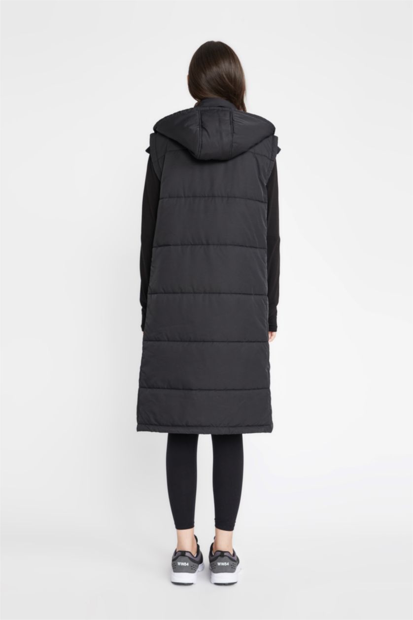 Kadın Siyah DeFactoFit Termometreli Su İtici Sporcu Kapüşonlu Uzun Şişme Yelek