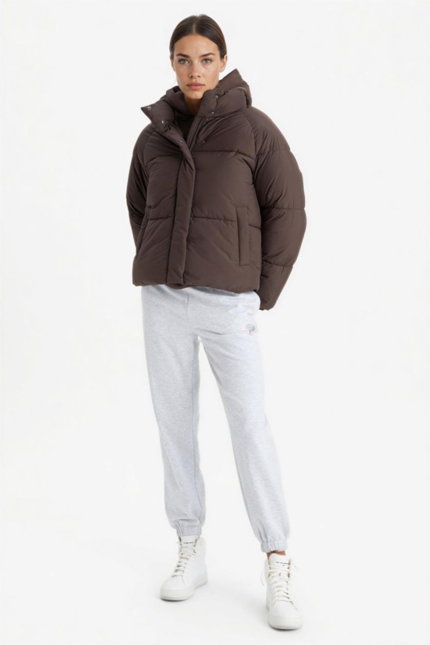 Kadın Kahve Su İtici Regular Fit Dik Yaka Reglan Kol Kışlık Şişme Mont