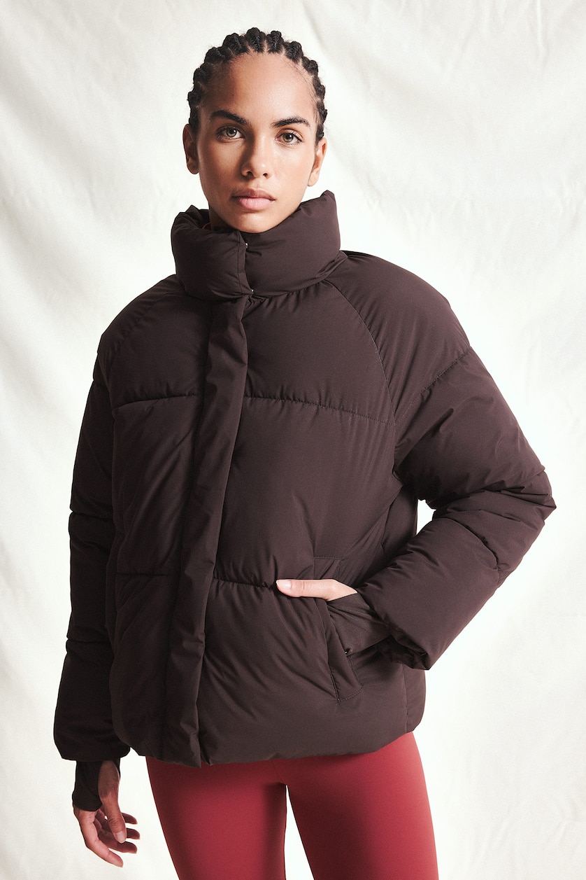 نساء بني Regular Fit Windproof Water-Repellent Stand Collar Raglan Sleeve Winter Puffer Jacket