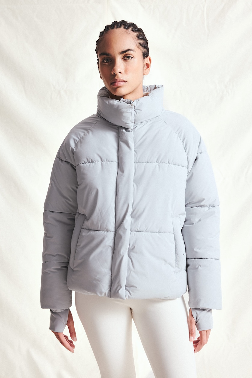WOMAN Light Grey Regular Fit Windproof Water-Repellent Stand Collar Raglan Sleeve Puffer Jacket