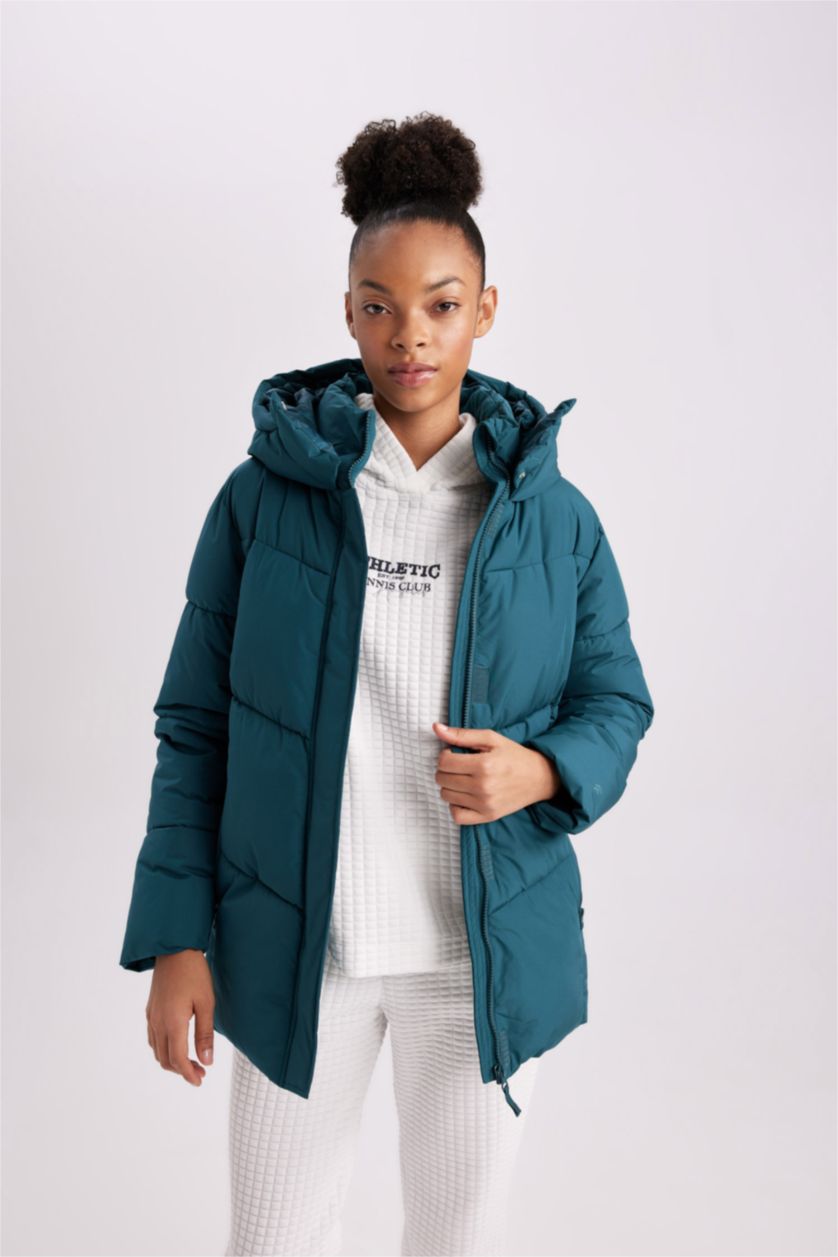 نساء أخضر قمصلة نفخ قصة عادية بغطاء للرأس وبطانة صوفية من DeFactoFit