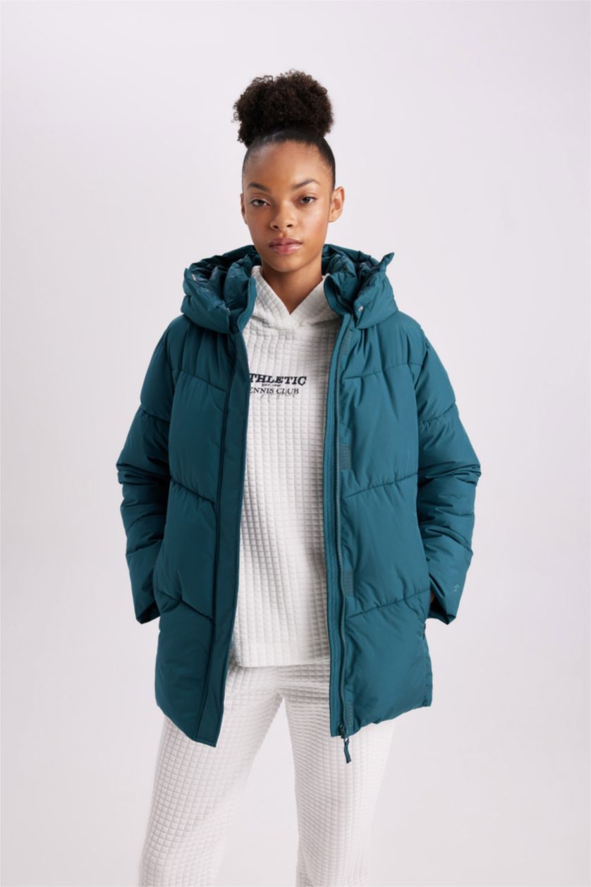 نساء أخضر قمصلة نفخ قصة عادية بغطاء للرأس وبطانة صوفية من DeFactoFit