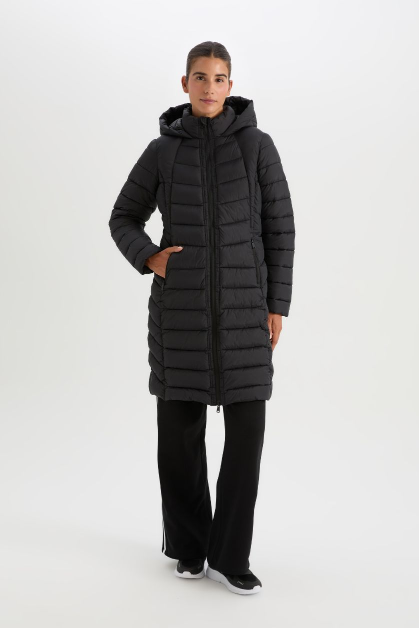 Kadın Siyah Su İtici Slim Fit Dar Kesim Kapüşonlu Kapitoneli Fermuarlı Cepli Uzun Şişme Mont Parka