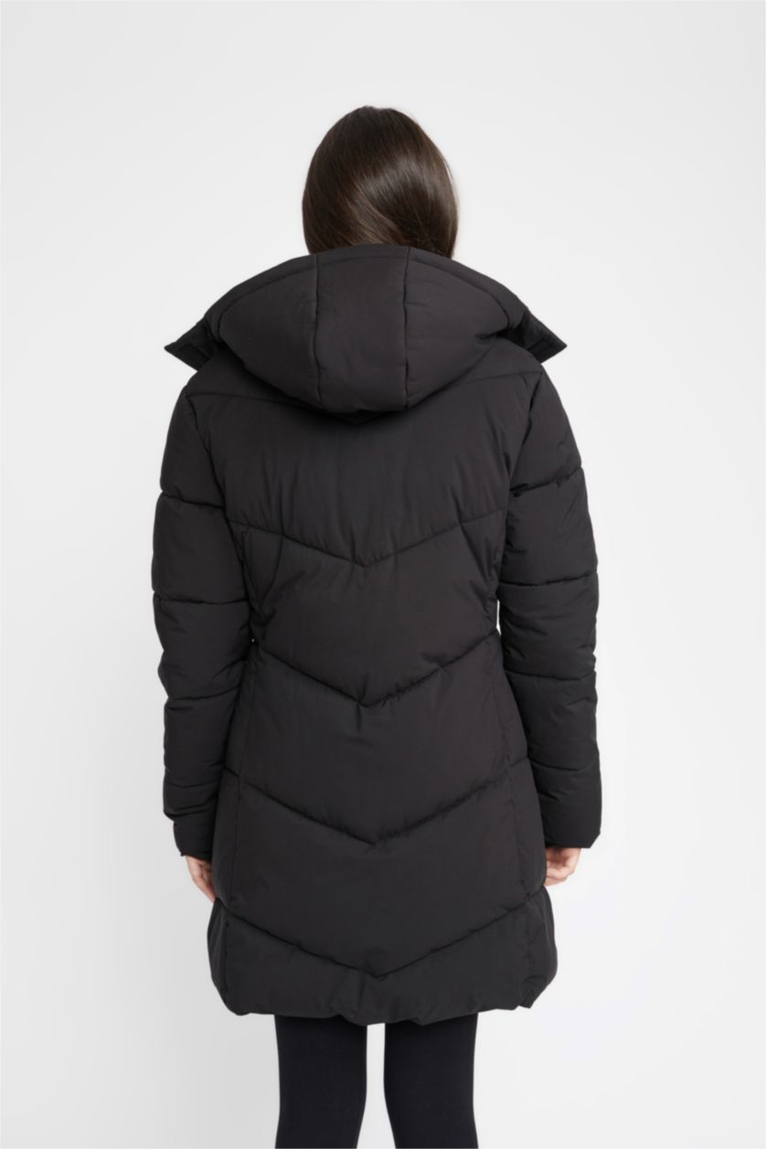 نساء أسود جاكيت نفخ قصة عادية بغطاء للرأس مبطن بفرو من DeFactoFit