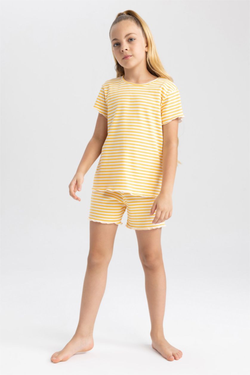 Kız Çocuk - Genç Kız Açık Sarı Kız Çocuk Çizgili Fitilli Kaşkorse Kısa Kollu Şortlu Pijama Takımı