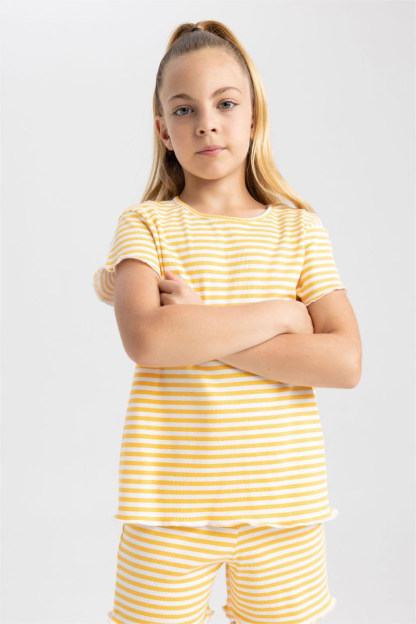 Kız Çocuk - Genç Kız Açık Sarı Kız Çocuk Çizgili Fitilli Kaşkorse Kısa Kollu Şortlu Pijama Takımı