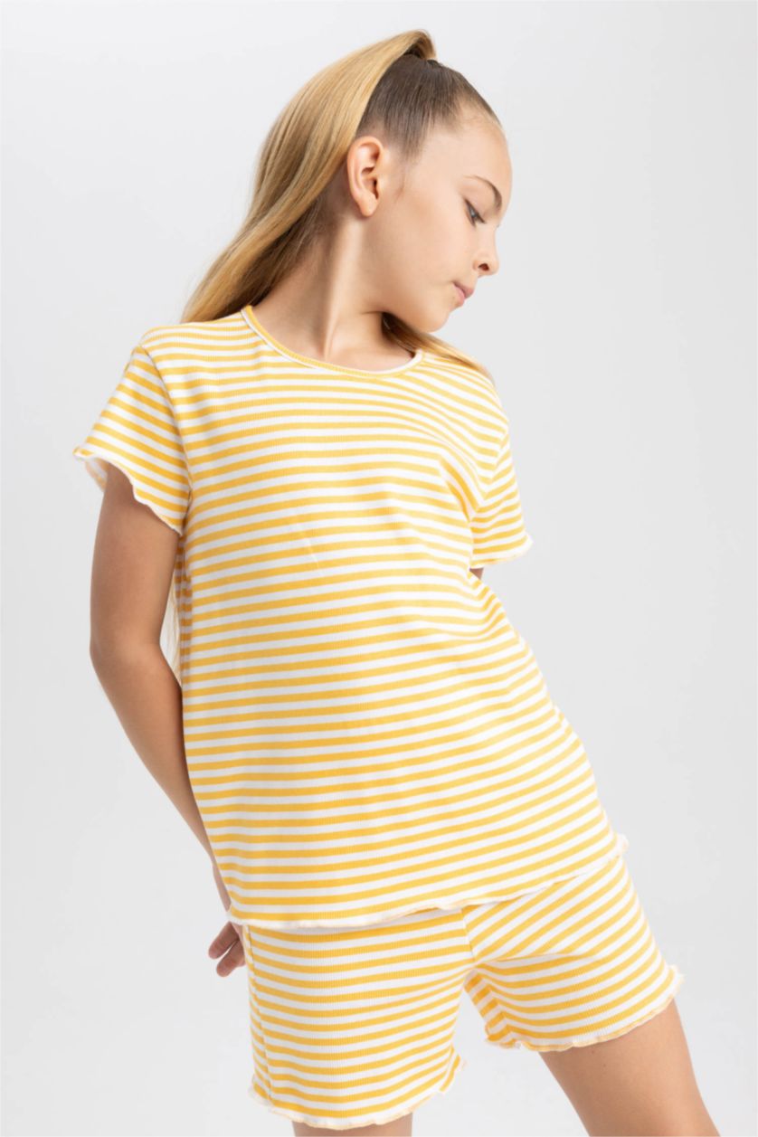Kız Çocuk - Genç Kız Açık Sarı Kız Çocuk Çizgili Fitilli Kaşkorse Kısa Kollu Şortlu Pijama Takımı