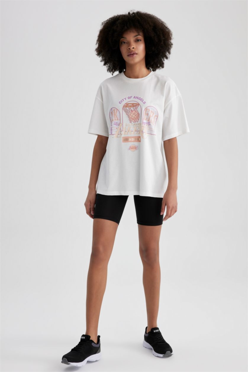 WOMAN Ecru Defacto Fit NBA Los Angeles Lakers Licensed Oversize Fit Sports T-Shirt