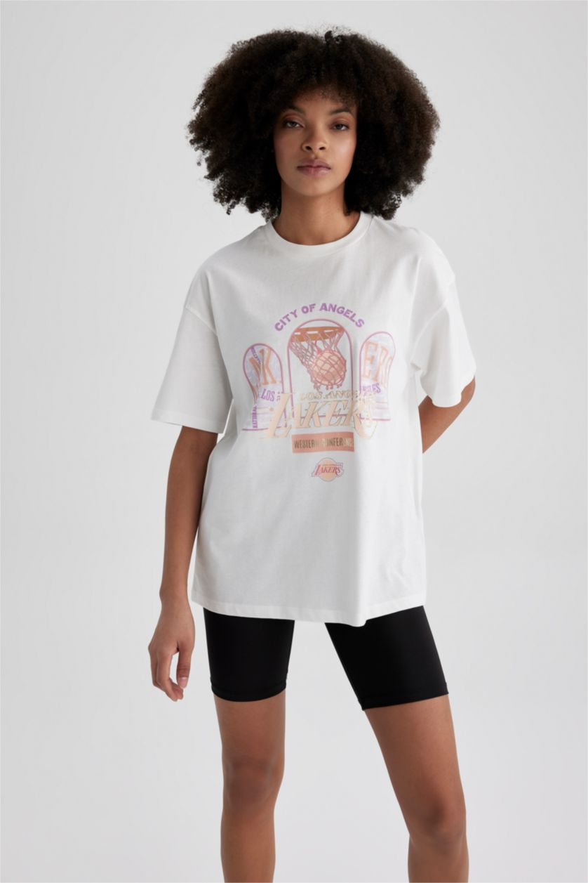 WOMAN Ecru Defacto Fit NBA Los Angeles Lakers Licensed Oversize Fit Sports T-Shirt